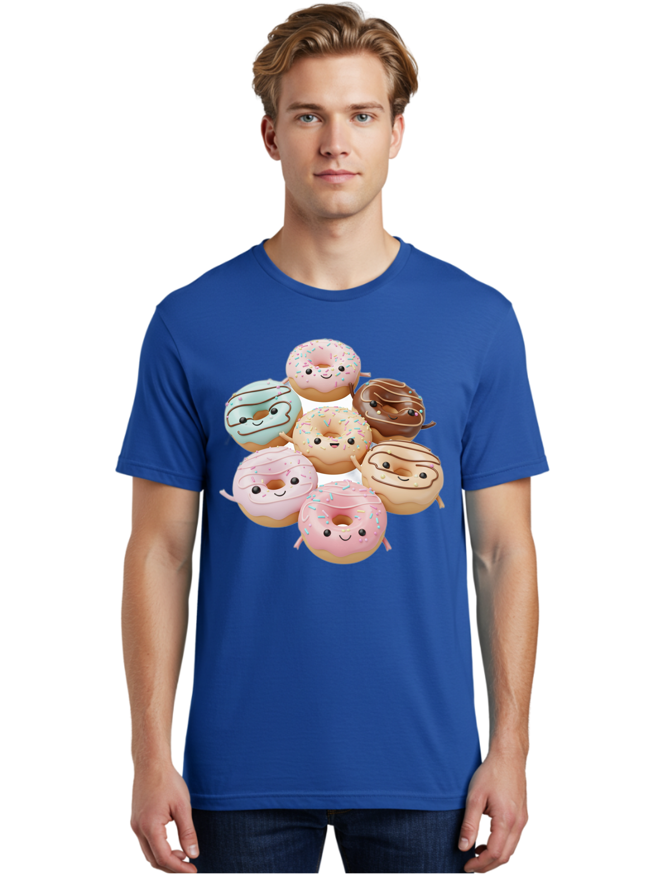 Donut-Friends Men'S Graphic Tee, 100% Cotton, Comfortable Casual Summer Wear, Machine Washable, Donuts With Faces, Adorable Donuts, Cartoon Donuts, Anthropomorphic Donuts, Plush Donuts, Donut Soft Toys, Colorful Donuts, Chocolate Donuts, Baa507