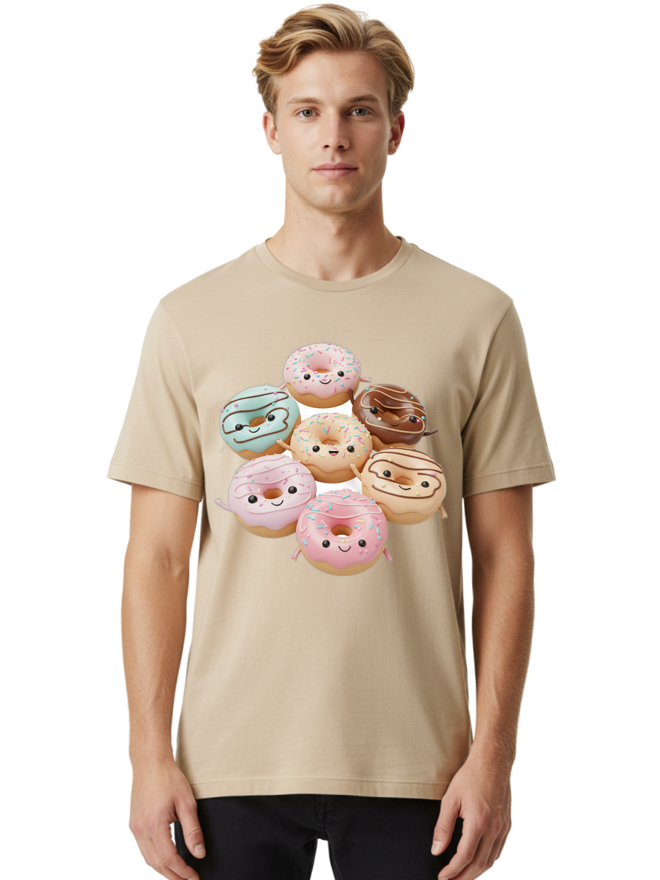 Donut-Friends Men'S Graphic Tee, 100% Cotton, Comfortable Casual Summer Wear, Machine Washable, Donuts With Faces, Adorable Donuts, Cartoon Donuts, Anthropomorphic Donuts, Plush Donuts, Donut Soft Toys, Colorful Donuts, Chocolate Donuts, Baa507