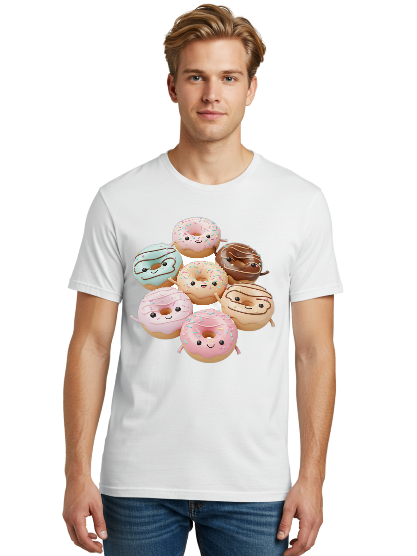 Donut-Friends Men'S Graphic Tee, 100% Cotton, Comfortable Casual Summer Wear, Machine Washable, Donuts With Faces, Adorable Donuts, Cartoon Donuts, Anthropomorphic Donuts, Plush Donuts, Donut Soft Toys, Colorful Donuts, Chocolate Donuts, Baa507