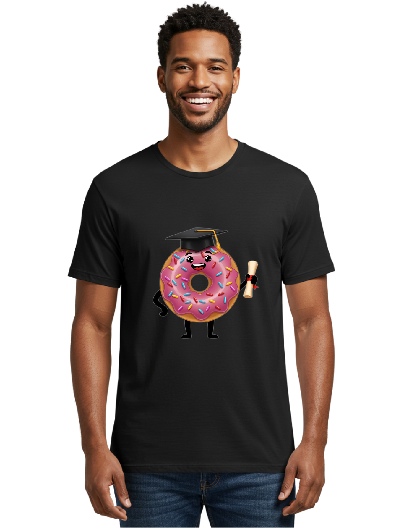 Donut-Graduate Men'S Graphic Tee, 100% Cotton, Comfortable Casual Summer Wear, Machine Washable, Pink Donut With Sprinkles, Graduation Cap, Diploma, Cartoon Character, Sweet Success, Graduation Day, Fun Illustration, Happy Graduate, Baa508