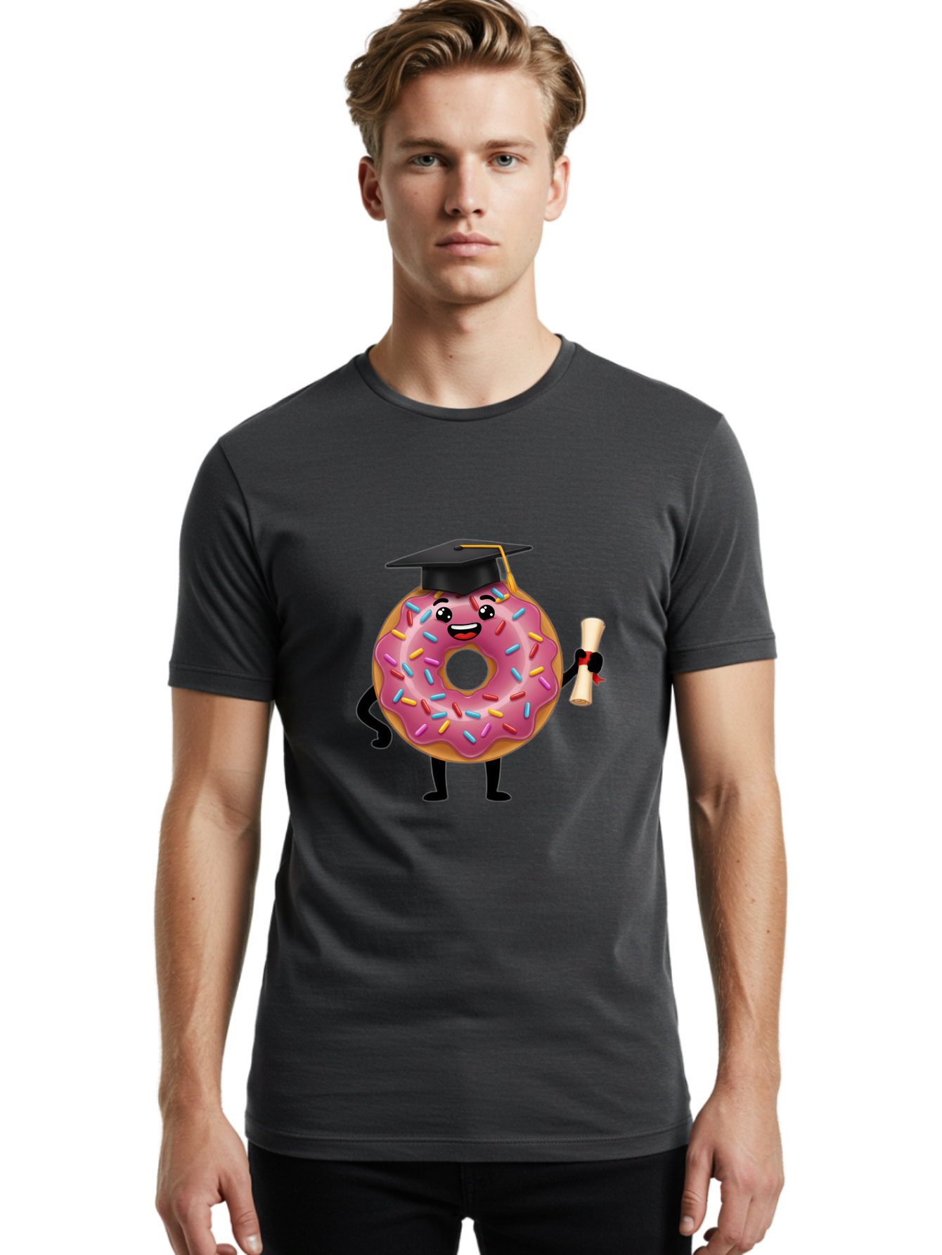 Donut-Graduate Men'S Graphic Tee, 100% Cotton, Comfortable Casual Summer Wear, Machine Washable, Pink Donut With Sprinkles, Graduation Cap, Diploma, Cartoon Character, Sweet Success, Graduation Day, Fun Illustration, Happy Graduate, Baa508