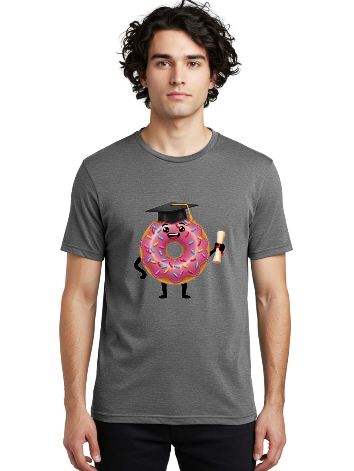 Donut-Graduate Men'S Graphic Tee, 100% Cotton, Comfortable Casual Summer Wear, Machine Washable, Pink Donut With Sprinkles, Graduation Cap, Diploma, Cartoon Character, Sweet Success, Graduation Day, Fun Illustration, Happy Graduate, Baa508