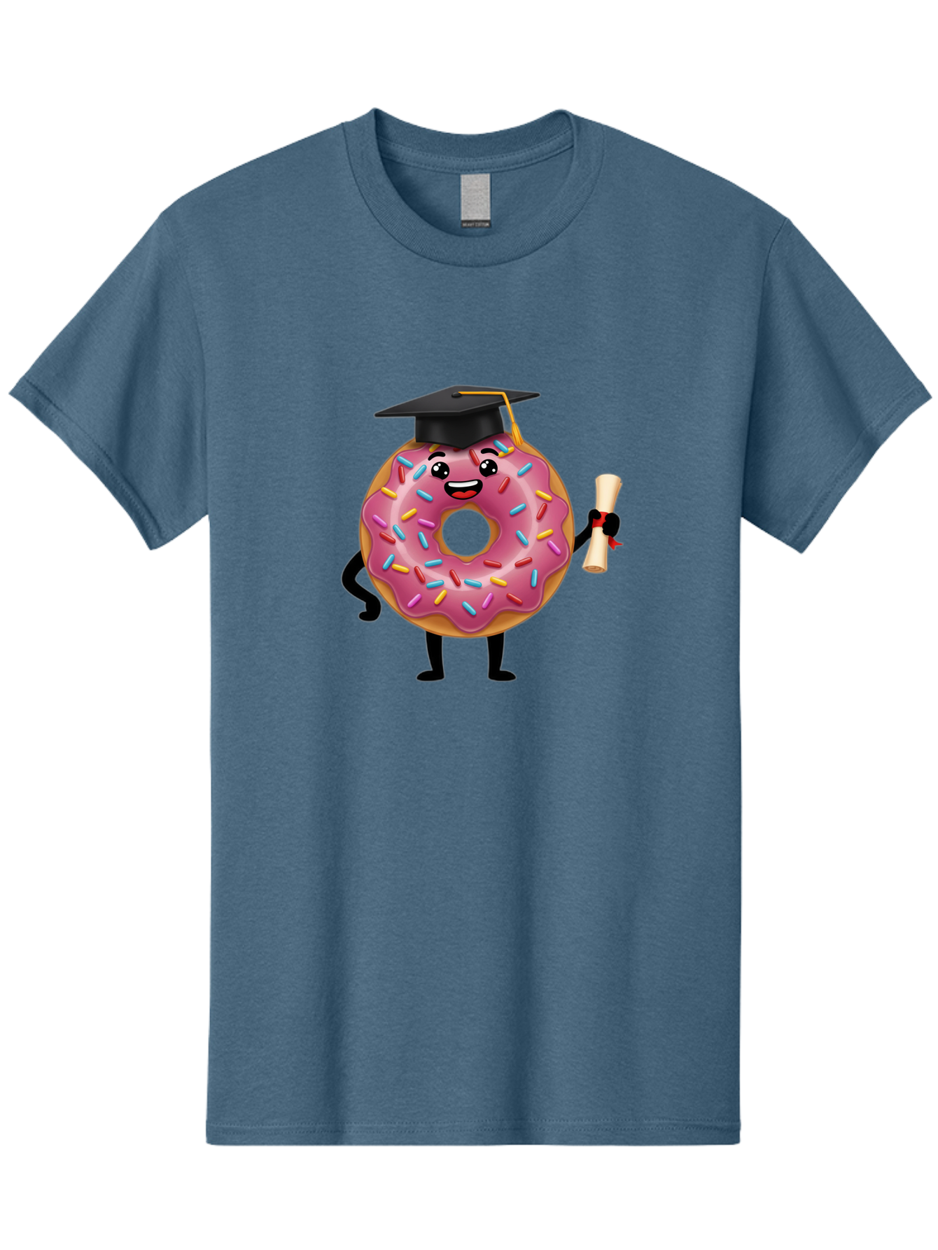 Donut-Graduate Men'S Graphic Tee, 100% Cotton, Comfortable Casual Summer Wear, Machine Washable, Pink Donut With Sprinkles, Graduation Cap, Diploma, Cartoon Character, Sweet Success, Graduation Day, Fun Illustration, Happy Graduate, Baa508