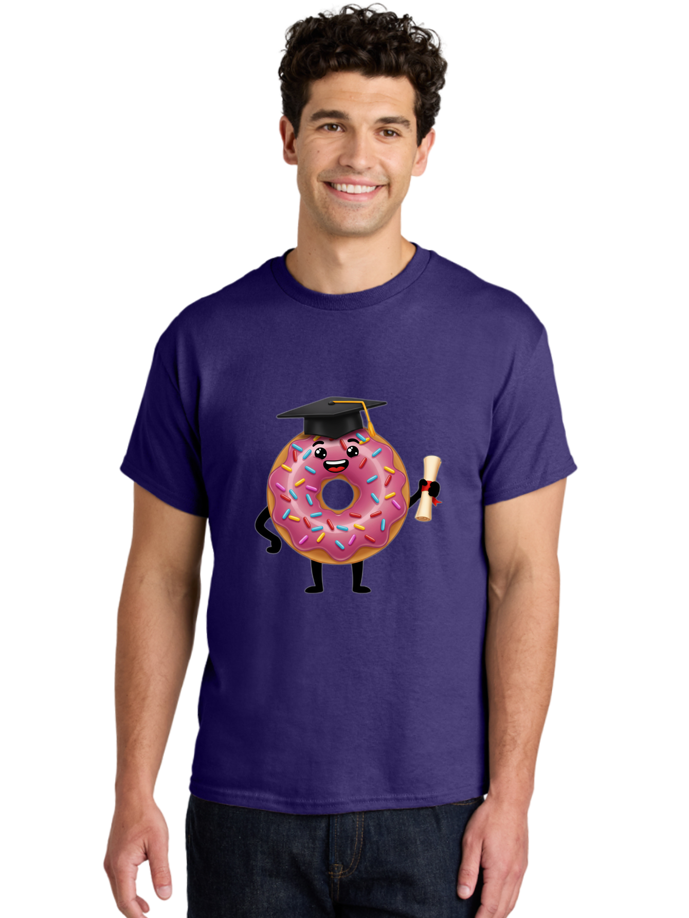 Donut-Graduate Men'S Graphic Tee, 100% Cotton, Comfortable Casual Summer Wear, Machine Washable, Pink Donut With Sprinkles, Graduation Cap, Diploma, Cartoon Character, Sweet Success, Graduation Day, Fun Illustration, Happy Graduate, Baa508
