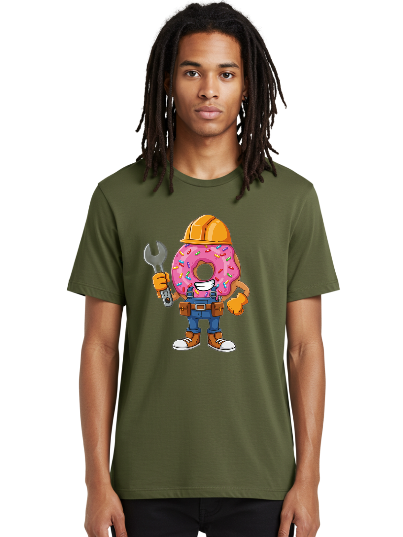 Donut-Handyman Men'S Graphic Tee, 100% Cotton, Comfortable Casual Summer Wear, Machine Washable, Pink Donut With Sprinkles, Construction Worker, Hard Hat, Wrench, Tool Belt, Blue Jeans, Work Boots, Donut Character, Tradesman, Funny Cartoon Baa509