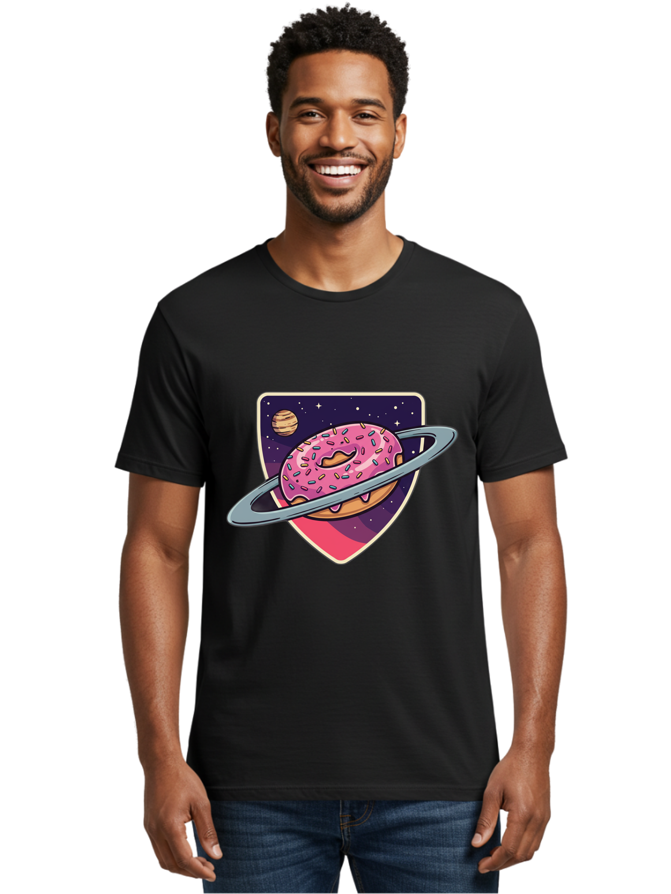 Donut-Planet Men'S Graphic Tee, 100% Cotton, Comfortable Casual Summer Wear, Machine Washable, Donut Saturn, Pink Frosted Donut, Sprinkles, Ringed Donut, Planet, Stars, Purple Shield, Whimsical, Fantastical, Surreal, Dessert Art, Sweet Treats, Baa510