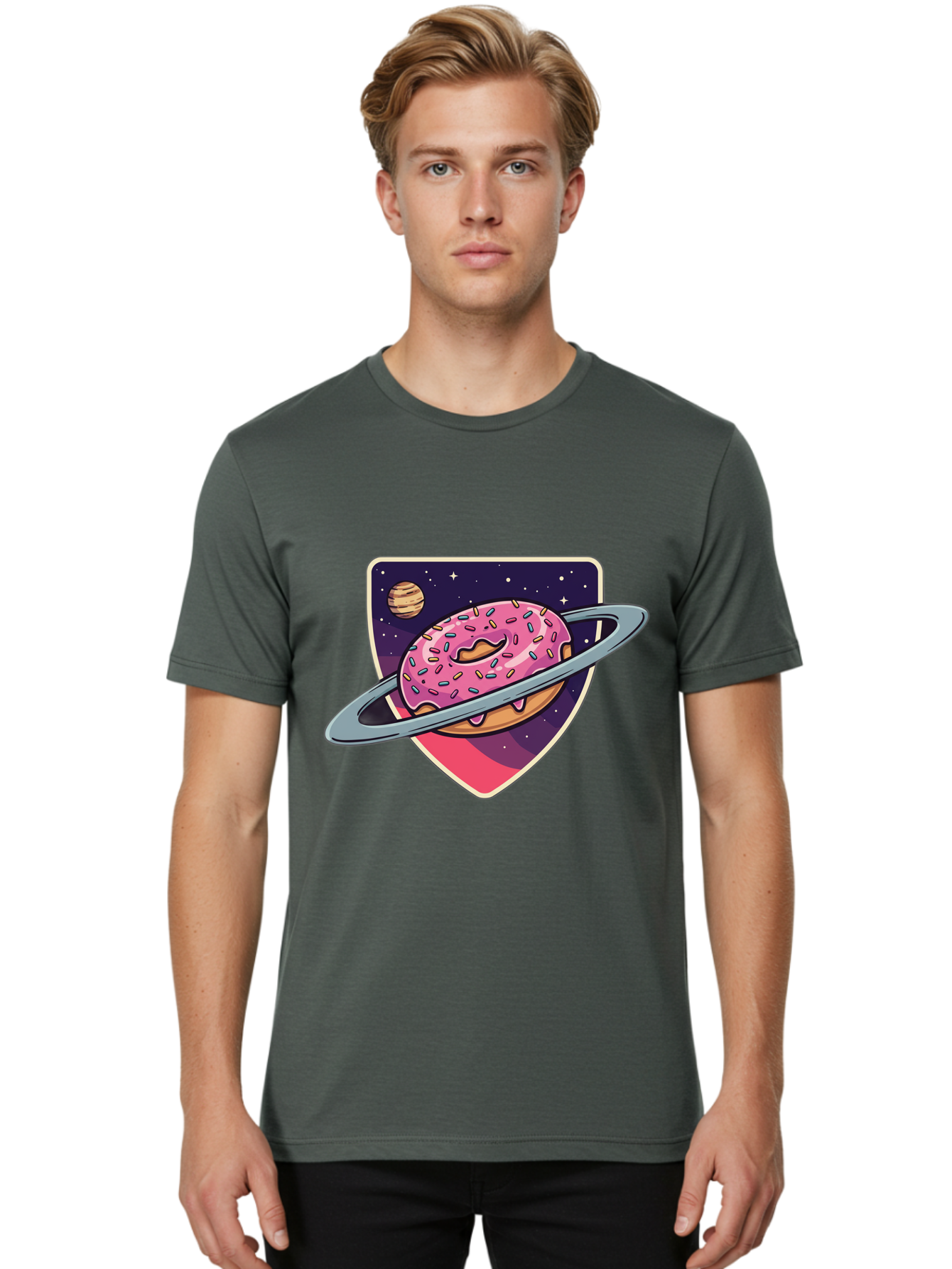 Donut-Planet Men'S Graphic Tee, 100% Cotton, Comfortable Casual Summer Wear, Machine Washable, Donut Saturn, Pink Frosted Donut, Sprinkles, Ringed Donut, Planet, Stars, Purple Shield, Whimsical, Fantastical, Surreal, Dessert Art, Sweet Treats, Baa510