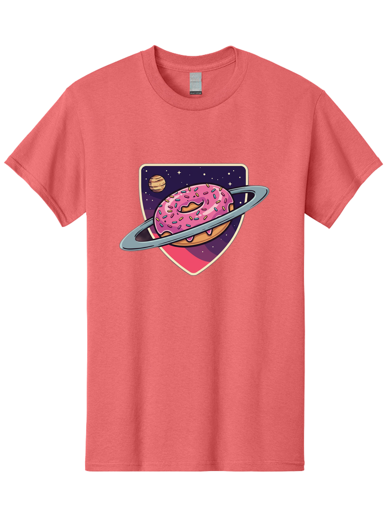 Donut-Planet Men'S Graphic Tee, 100% Cotton, Comfortable Casual Summer Wear, Machine Washable, Donut Saturn, Pink Frosted Donut, Sprinkles, Ringed Donut, Planet, Stars, Purple Shield, Whimsical, Fantastical, Surreal, Dessert Art, Sweet Treats, Baa510