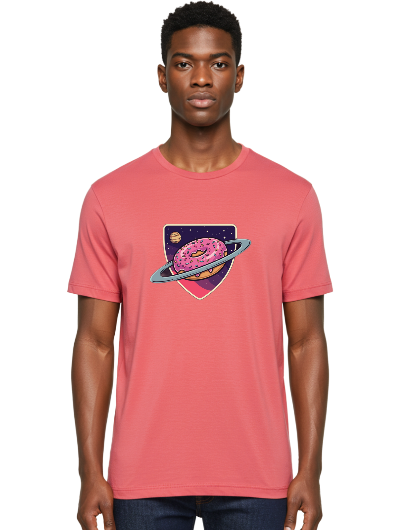 Donut-Planet Men'S Graphic Tee, 100% Cotton, Comfortable Casual Summer Wear, Machine Washable, Donut Saturn, Pink Frosted Donut, Sprinkles, Ringed Donut, Planet, Stars, Purple Shield, Whimsical, Fantastical, Surreal, Dessert Art, Sweet Treats, Baa510