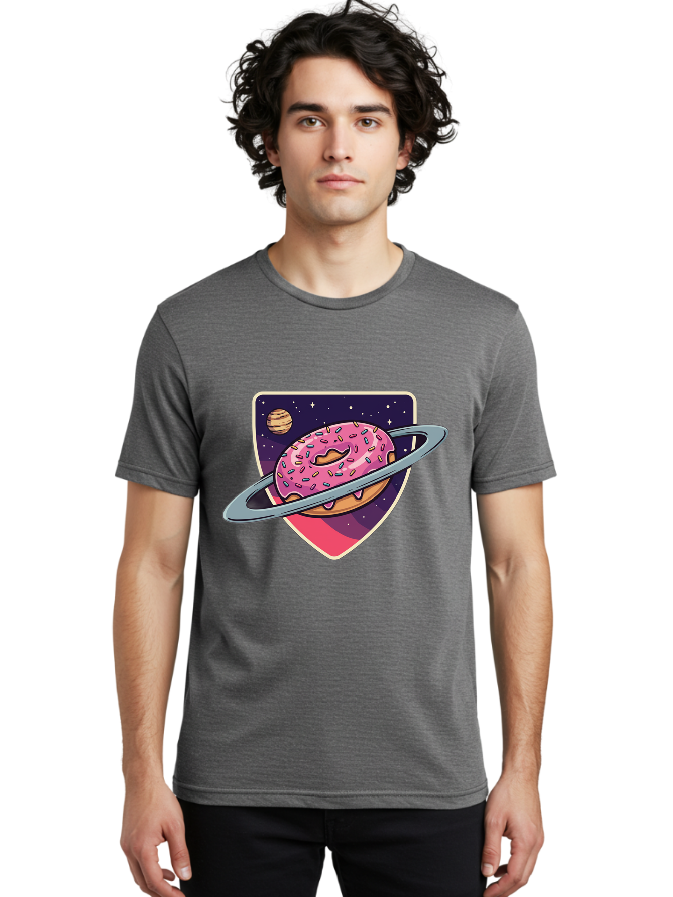 Donut-Planet Men'S Graphic Tee, 100% Cotton, Comfortable Casual Summer Wear, Machine Washable, Donut Saturn, Pink Frosted Donut, Sprinkles, Ringed Donut, Planet, Stars, Purple Shield, Whimsical, Fantastical, Surreal, Dessert Art, Sweet Treats, Baa510
