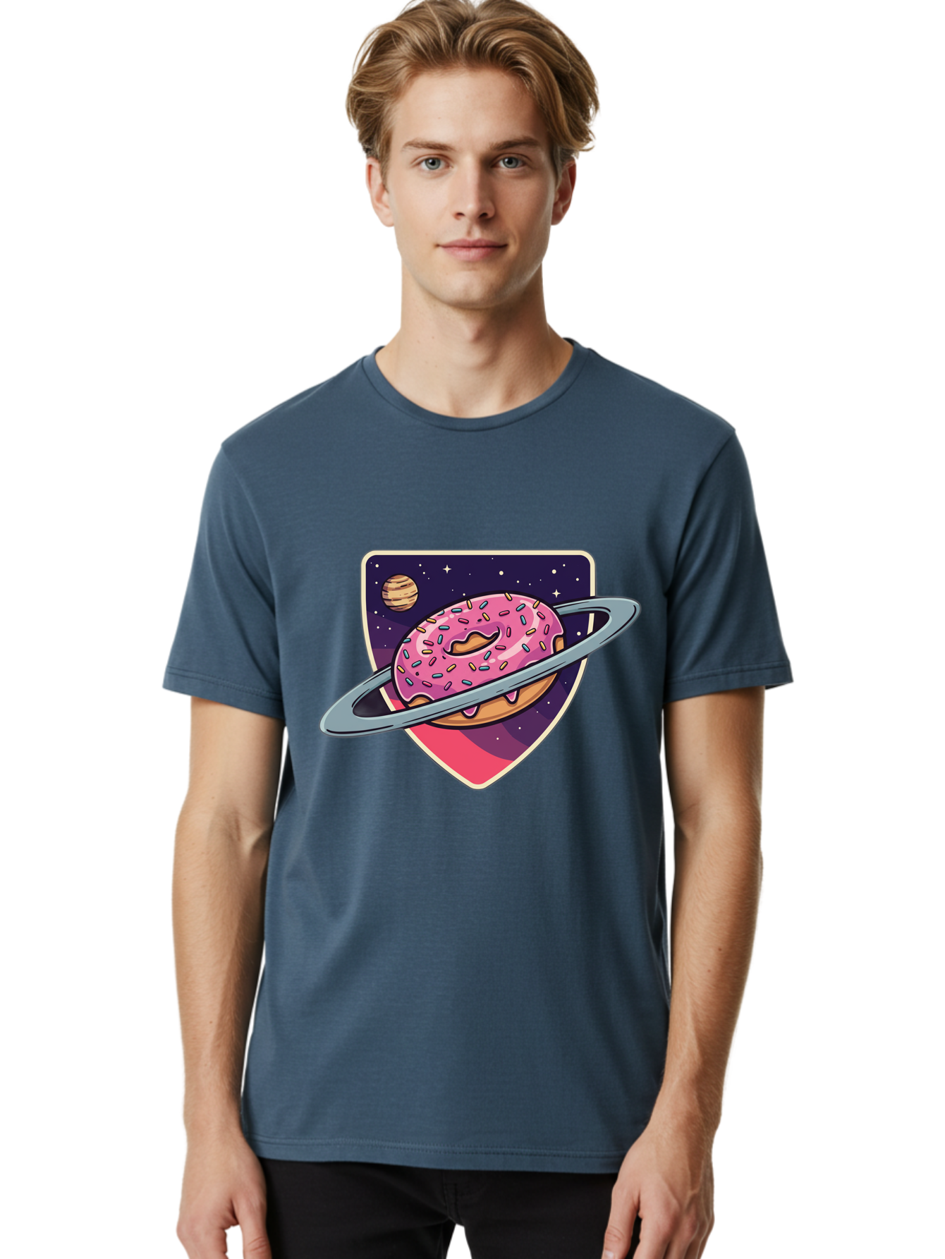 Donut-Planet Men'S Graphic Tee, 100% Cotton, Comfortable Casual Summer Wear, Machine Washable, Donut Saturn, Pink Frosted Donut, Sprinkles, Ringed Donut, Planet, Stars, Purple Shield, Whimsical, Fantastical, Surreal, Dessert Art, Sweet Treats, Baa510