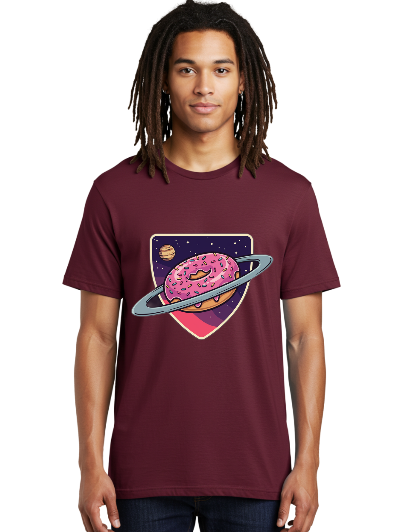 Donut-Planet Men'S Graphic Tee, 100% Cotton, Comfortable Casual Summer Wear, Machine Washable, Donut Saturn, Pink Frosted Donut, Sprinkles, Ringed Donut, Planet, Stars, Purple Shield, Whimsical, Fantastical, Surreal, Dessert Art, Sweet Treats, Baa510