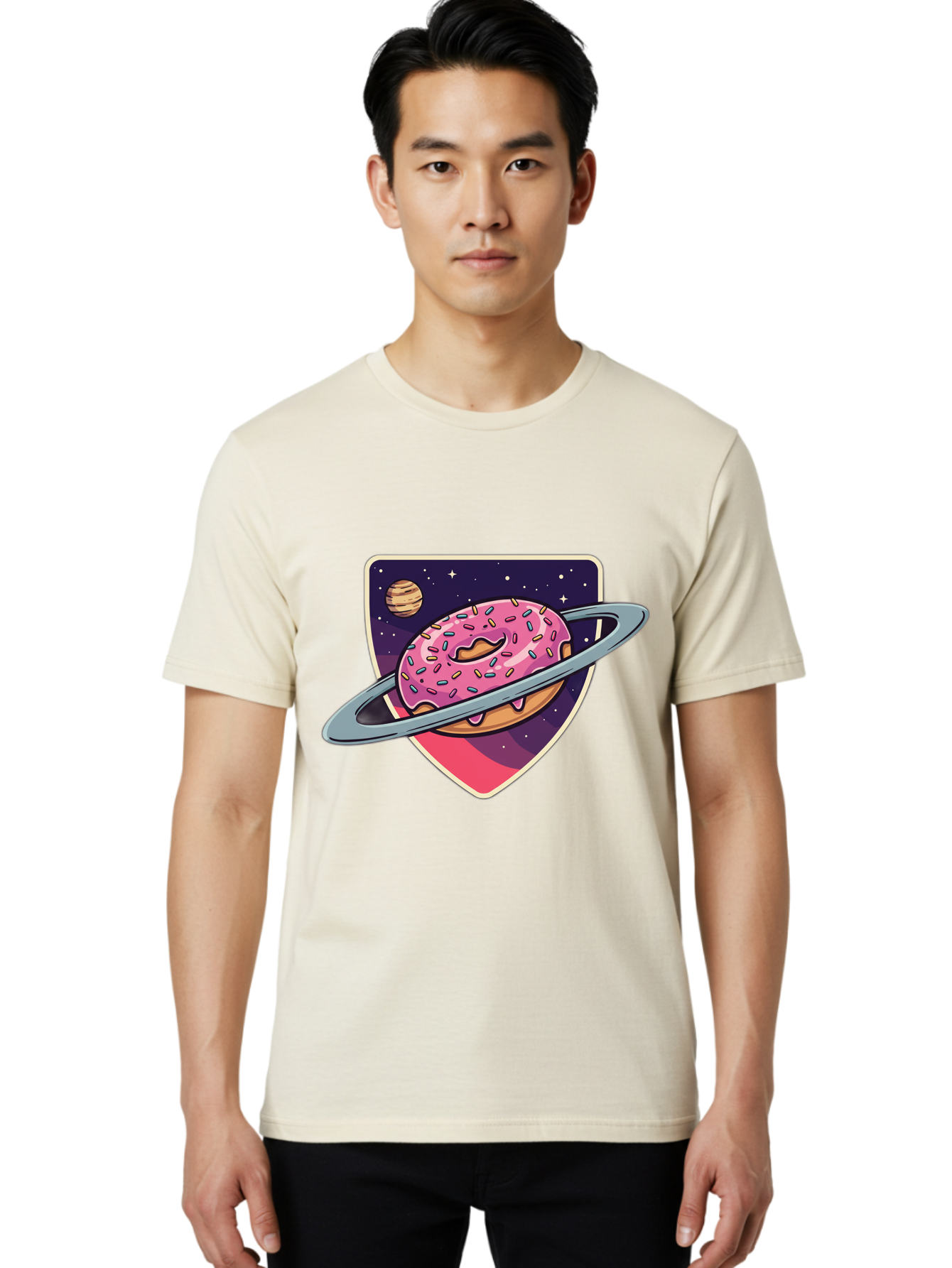 Donut-Planet Men'S Graphic Tee, 100% Cotton, Comfortable Casual Summer Wear, Machine Washable, Donut Saturn, Pink Frosted Donut, Sprinkles, Ringed Donut, Planet, Stars, Purple Shield, Whimsical, Fantastical, Surreal, Dessert Art, Sweet Treats, Baa510