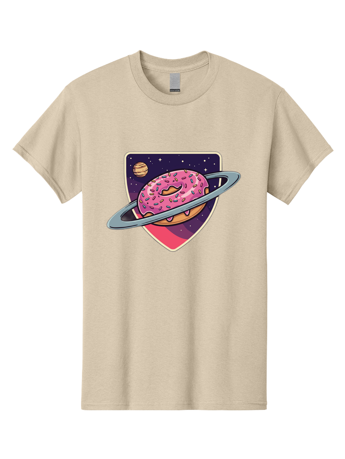 Donut-Planet Men'S Graphic Tee, 100% Cotton, Comfortable Casual Summer Wear, Machine Washable, Donut Saturn, Pink Frosted Donut, Sprinkles, Ringed Donut, Planet, Stars, Purple Shield, Whimsical, Fantastical, Surreal, Dessert Art, Sweet Treats, Baa510