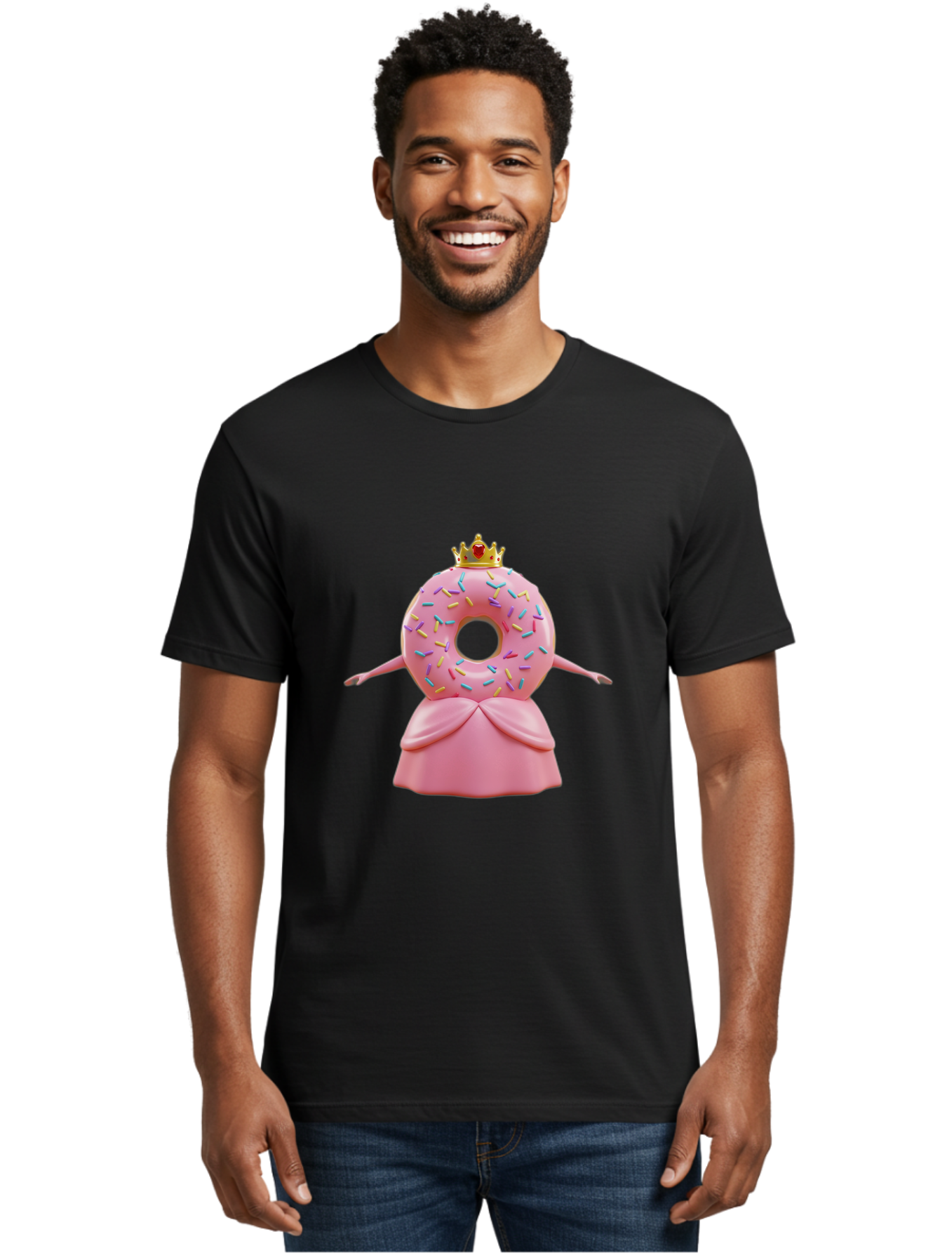 Donut-Princess Men'S Graphic Tee, 100% Cotton, Comfortable Casual Summer Wear, Machine Washable, Pink Donut With Sprinkles, Royal Crown, Princess Dress, Sweet Treat, Whimsical Character, Cartoon Style, Pastel Colors, Cute Illustration, Baa511