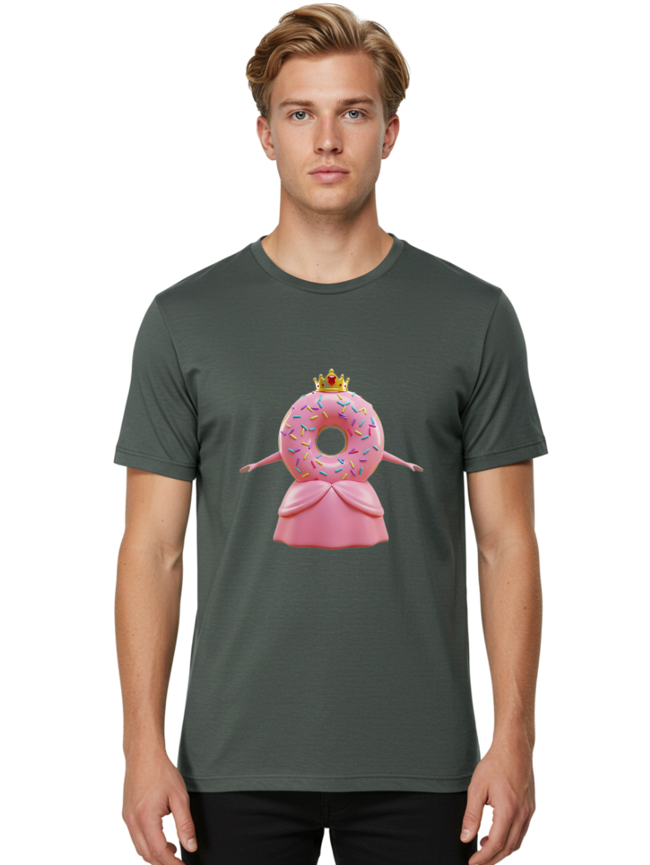 Donut-Princess Men'S Graphic Tee, 100% Cotton, Comfortable Casual Summer Wear, Machine Washable, Pink Donut With Sprinkles, Royal Crown, Princess Dress, Sweet Treat, Whimsical Character, Cartoon Style, Pastel Colors, Cute Illustration, Baa511