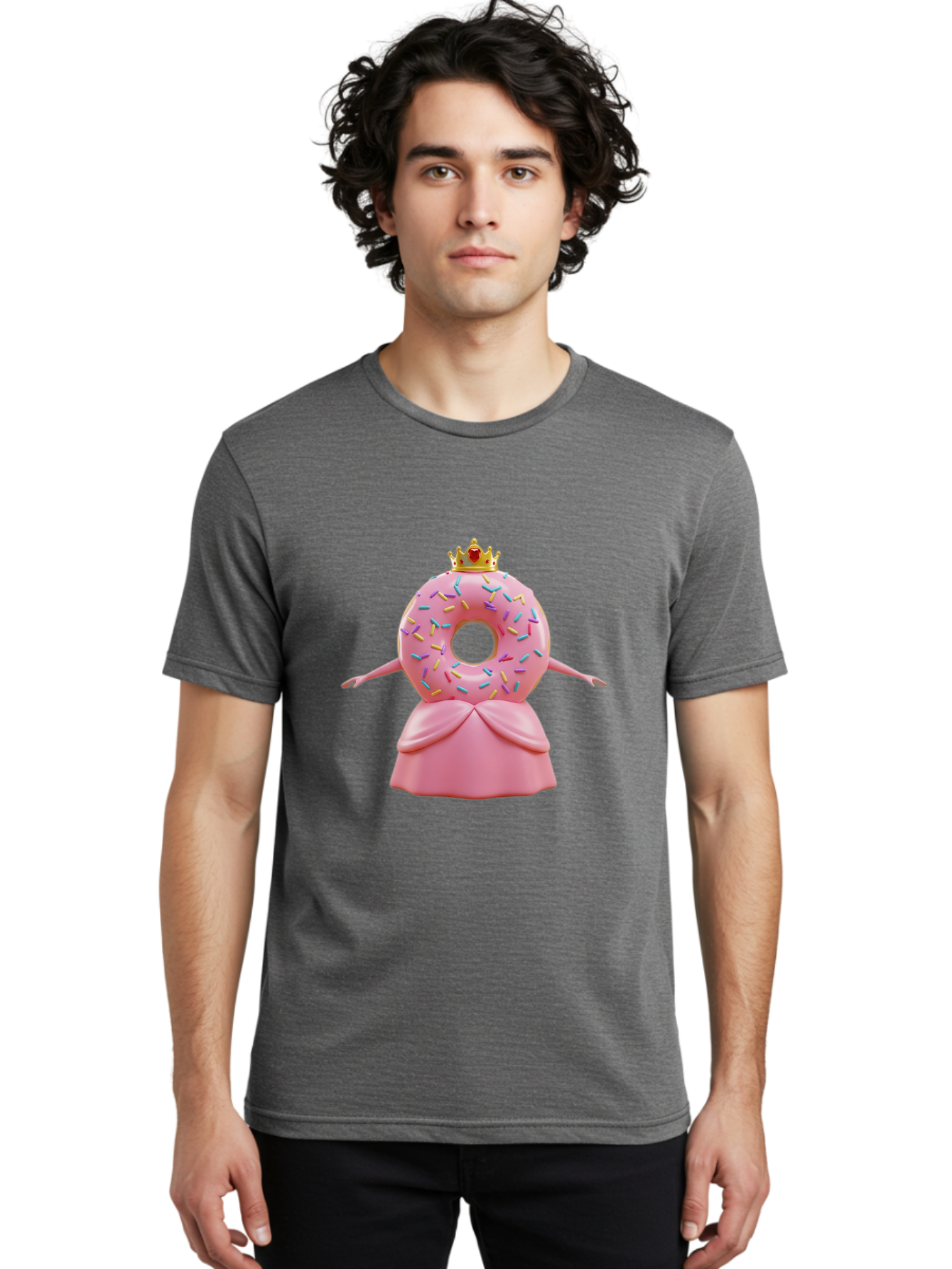 Donut-Princess Men'S Graphic Tee, 100% Cotton, Comfortable Casual Summer Wear, Machine Washable, Pink Donut With Sprinkles, Royal Crown, Princess Dress, Sweet Treat, Whimsical Character, Cartoon Style, Pastel Colors, Cute Illustration, Baa511