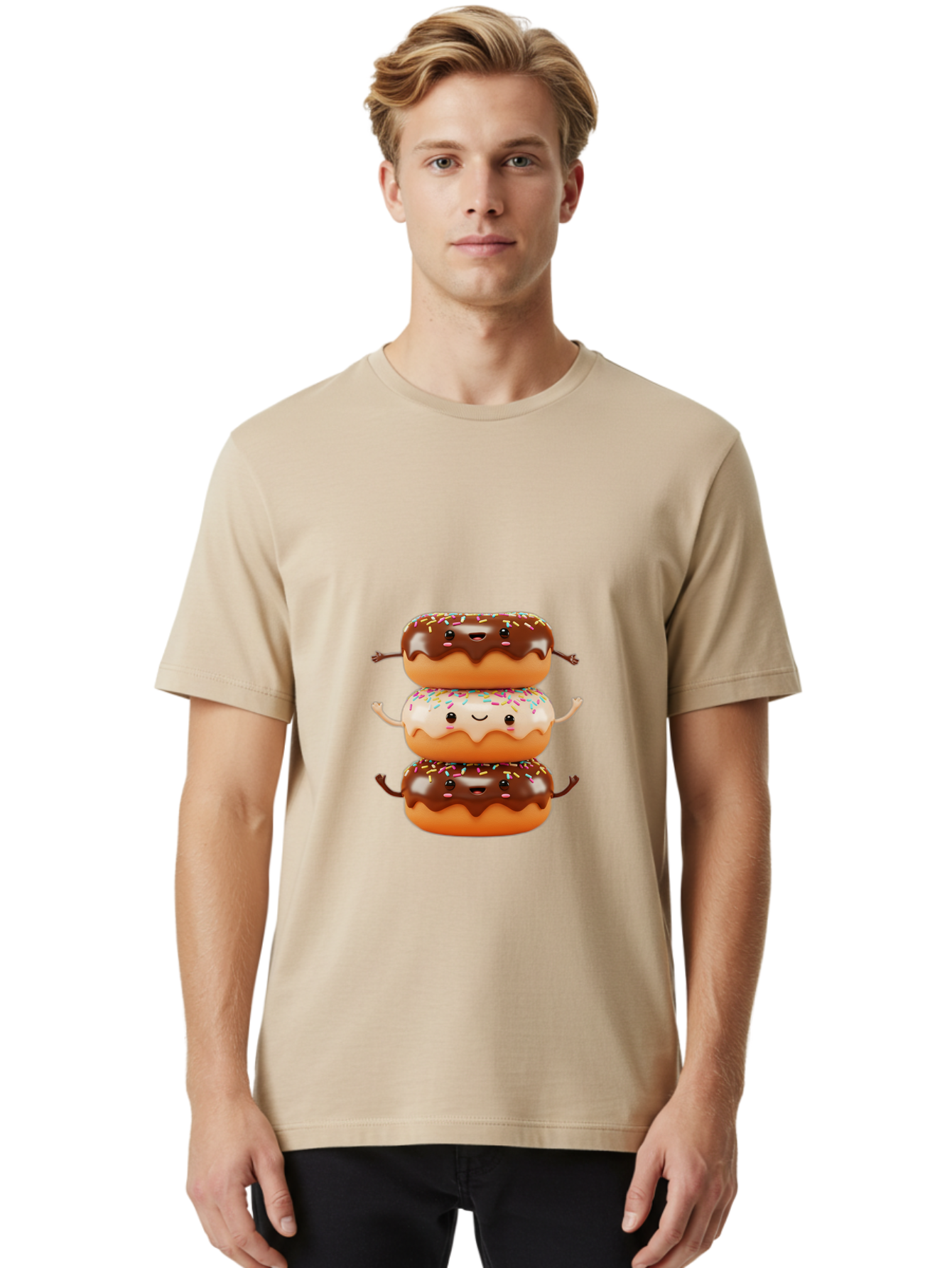 Donut-Stack Men'S Graphic Tee, 100% Cotton, Comfortable Casual Summer Wear, Machine Washable, Stacked Donuts, Chocolate Glazed Donut, Sprinkles Donut, Smiling Faces, Colorful Sweets, Playful Pastries, Sweet Treats, Dessert Lovers, Donut Stack, Baa514