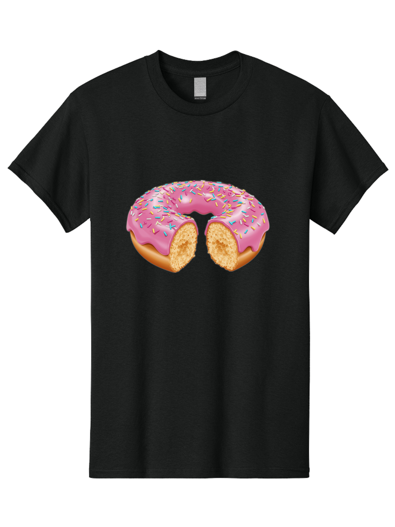 Donut-With-Pink-Frosting-And-Sprinkles-Cut-In-Half Men'S Graphic Tee, 100% Cotton, Comfortable Casual Summer Wear, Machine Washable, Pink Frosted Donut, Donut With Sprinkles, Bitten Donut, Sweet Treats, Dessert, Baked Goods, Tasty Donut, Baa515