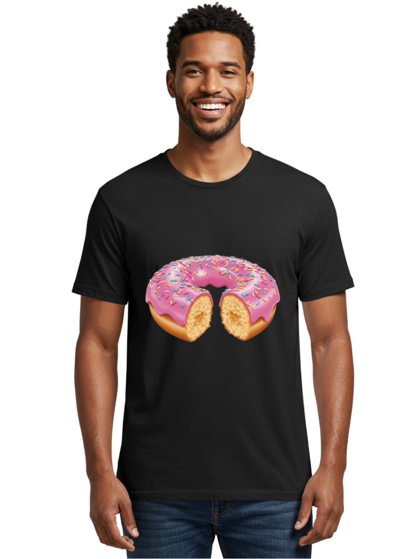 Donut-With-Pink-Frosting-And-Sprinkles-Cut-In-Half Men'S Graphic Tee, 100% Cotton, Comfortable Casual Summer Wear, Machine Washable, Pink Frosted Donut, Donut With Sprinkles, Bitten Donut, Sweet Treats, Dessert, Baked Goods, Tasty Donut, Baa515