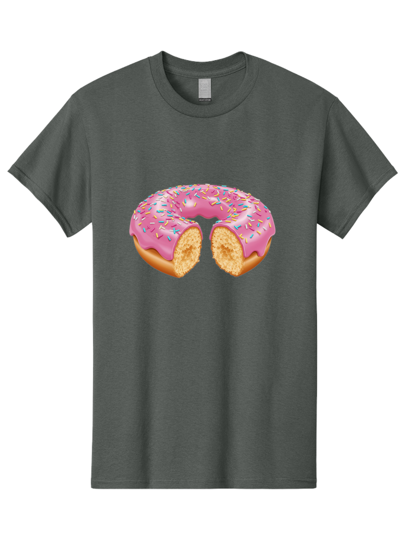 Donut-With-Pink-Frosting-And-Sprinkles-Cut-In-Half Men'S Graphic Tee, 100% Cotton, Comfortable Casual Summer Wear, Machine Washable, Pink Frosted Donut, Donut With Sprinkles, Bitten Donut, Sweet Treats, Dessert, Baked Goods, Tasty Donut, Baa515