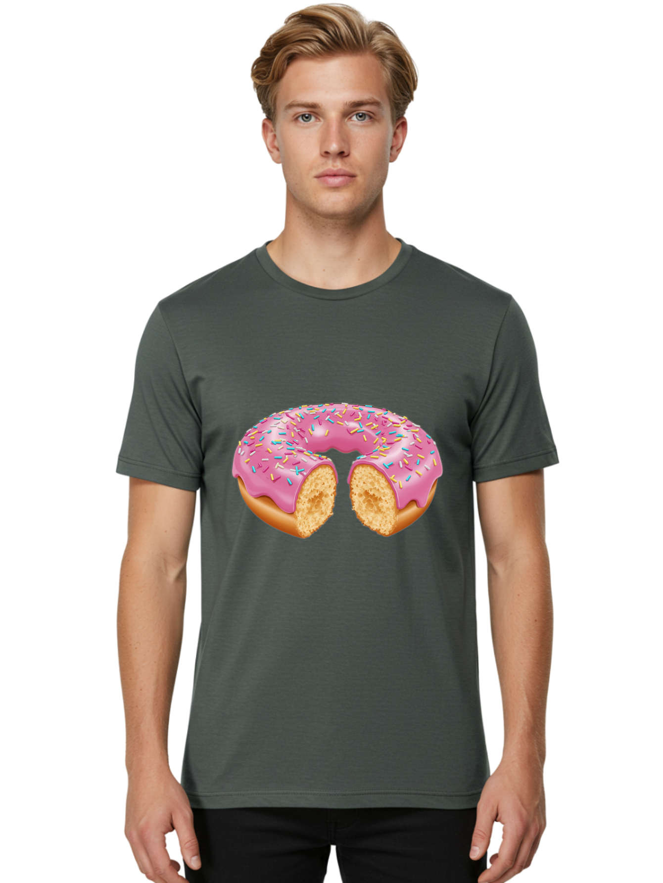 Donut-With-Pink-Frosting-And-Sprinkles-Cut-In-Half Men'S Graphic Tee, 100% Cotton, Comfortable Casual Summer Wear, Machine Washable, Pink Frosted Donut, Donut With Sprinkles, Bitten Donut, Sweet Treats, Dessert, Baked Goods, Tasty Donut, Baa515