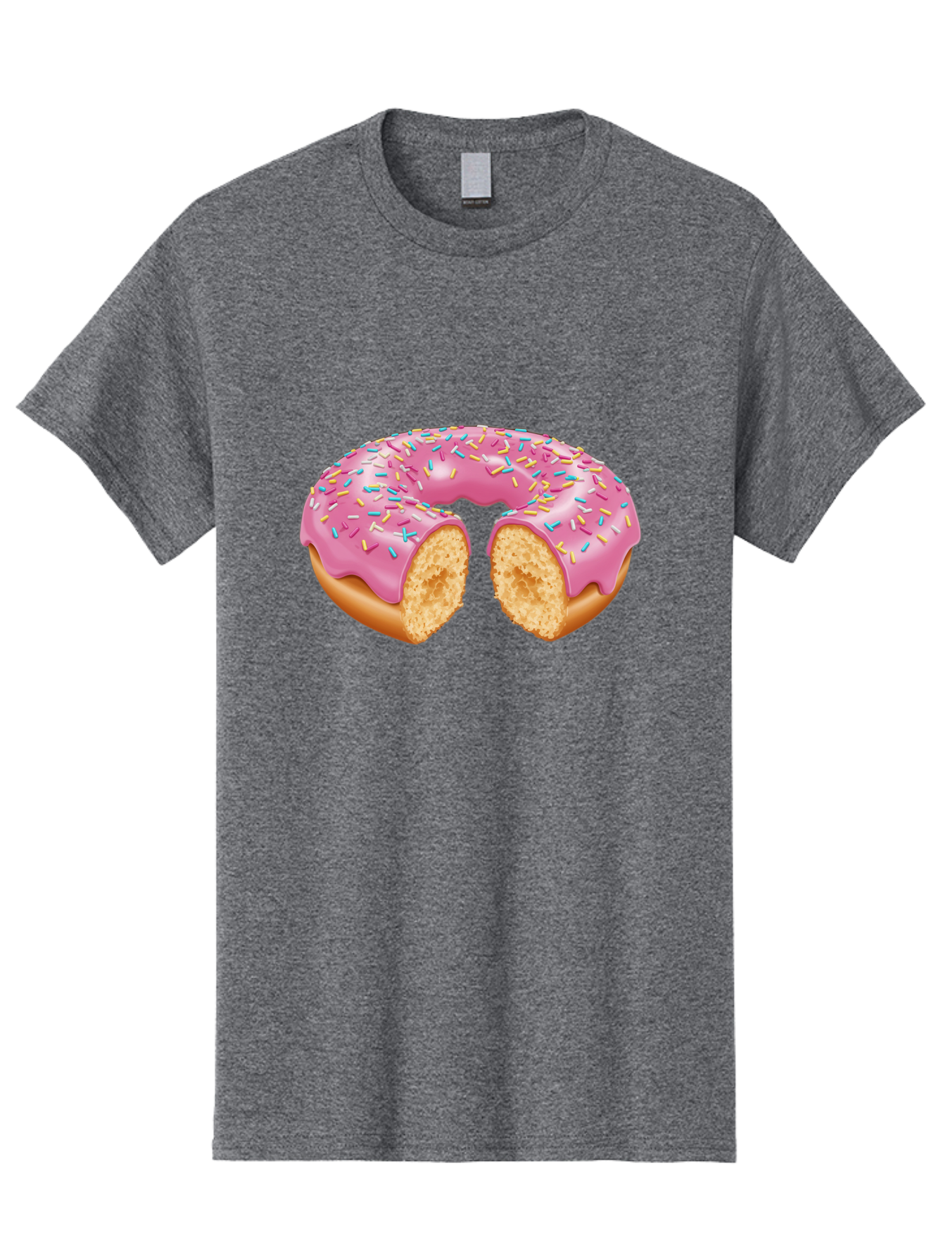 Donut-With-Pink-Frosting-And-Sprinkles-Cut-In-Half Men'S Graphic Tee, 100% Cotton, Comfortable Casual Summer Wear, Machine Washable, Pink Frosted Donut, Donut With Sprinkles, Bitten Donut, Sweet Treats, Dessert, Baked Goods, Tasty Donut, Baa515