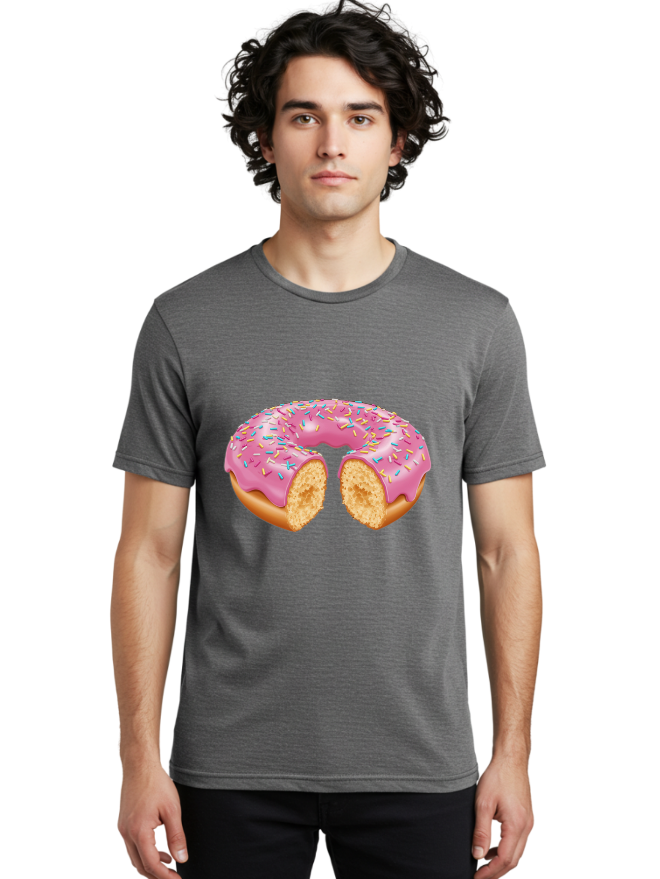 Donut-With-Pink-Frosting-And-Sprinkles-Cut-In-Half Men'S Graphic Tee, 100% Cotton, Comfortable Casual Summer Wear, Machine Washable, Pink Frosted Donut, Donut With Sprinkles, Bitten Donut, Sweet Treats, Dessert, Baked Goods, Tasty Donut, Baa515