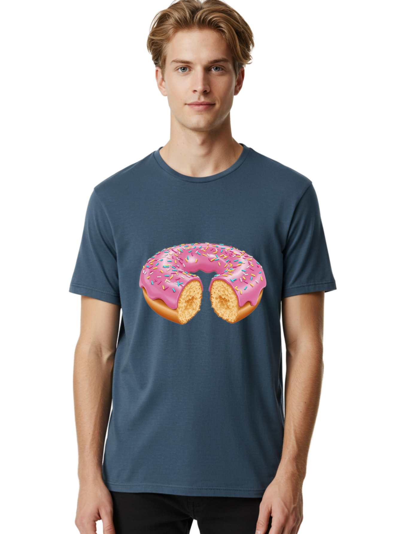 Donut-With-Pink-Frosting-And-Sprinkles-Cut-In-Half Men'S Graphic Tee, 100% Cotton, Comfortable Casual Summer Wear, Machine Washable, Pink Frosted Donut, Donut With Sprinkles, Bitten Donut, Sweet Treats, Dessert, Baked Goods, Tasty Donut, Baa515
