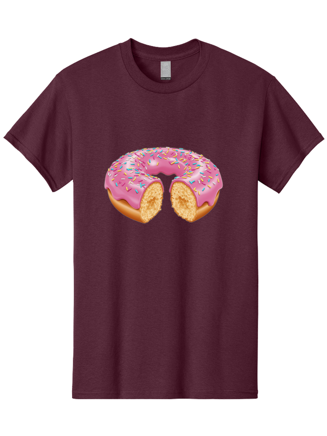 Donut-With-Pink-Frosting-And-Sprinkles-Cut-In-Half Men'S Graphic Tee, 100% Cotton, Comfortable Casual Summer Wear, Machine Washable, Pink Frosted Donut, Donut With Sprinkles, Bitten Donut, Sweet Treats, Dessert, Baked Goods, Tasty Donut, Baa515