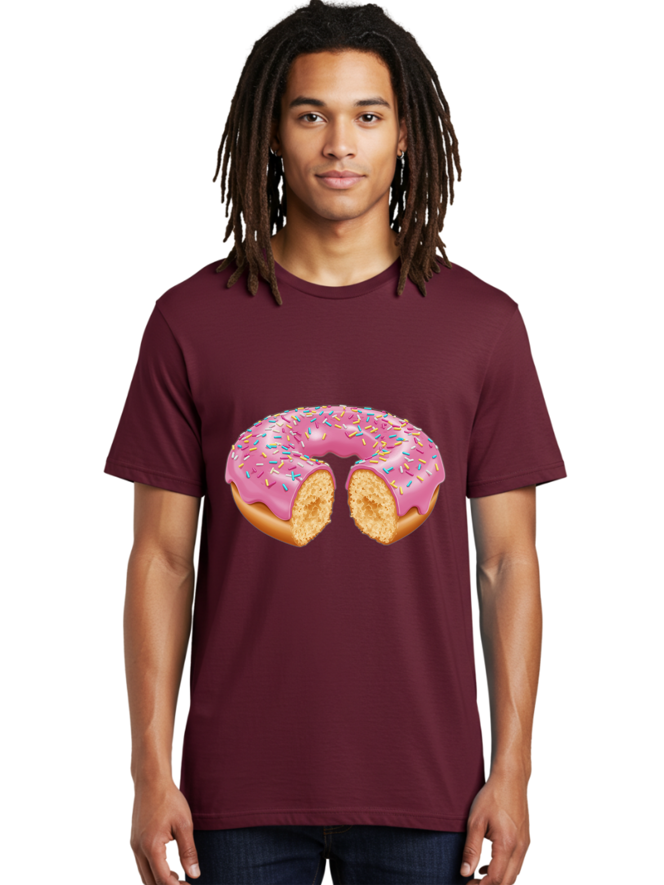 Donut-With-Pink-Frosting-And-Sprinkles-Cut-In-Half Men'S Graphic Tee, 100% Cotton, Comfortable Casual Summer Wear, Machine Washable, Pink Frosted Donut, Donut With Sprinkles, Bitten Donut, Sweet Treats, Dessert, Baked Goods, Tasty Donut, Baa515