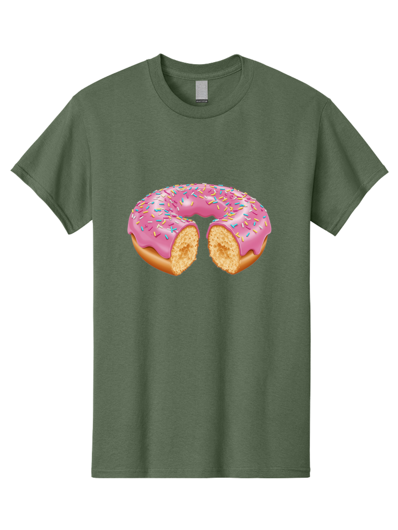 Donut-With-Pink-Frosting-And-Sprinkles-Cut-In-Half Men'S Graphic Tee, 100% Cotton, Comfortable Casual Summer Wear, Machine Washable, Pink Frosted Donut, Donut With Sprinkles, Bitten Donut, Sweet Treats, Dessert, Baked Goods, Tasty Donut, Baa515
