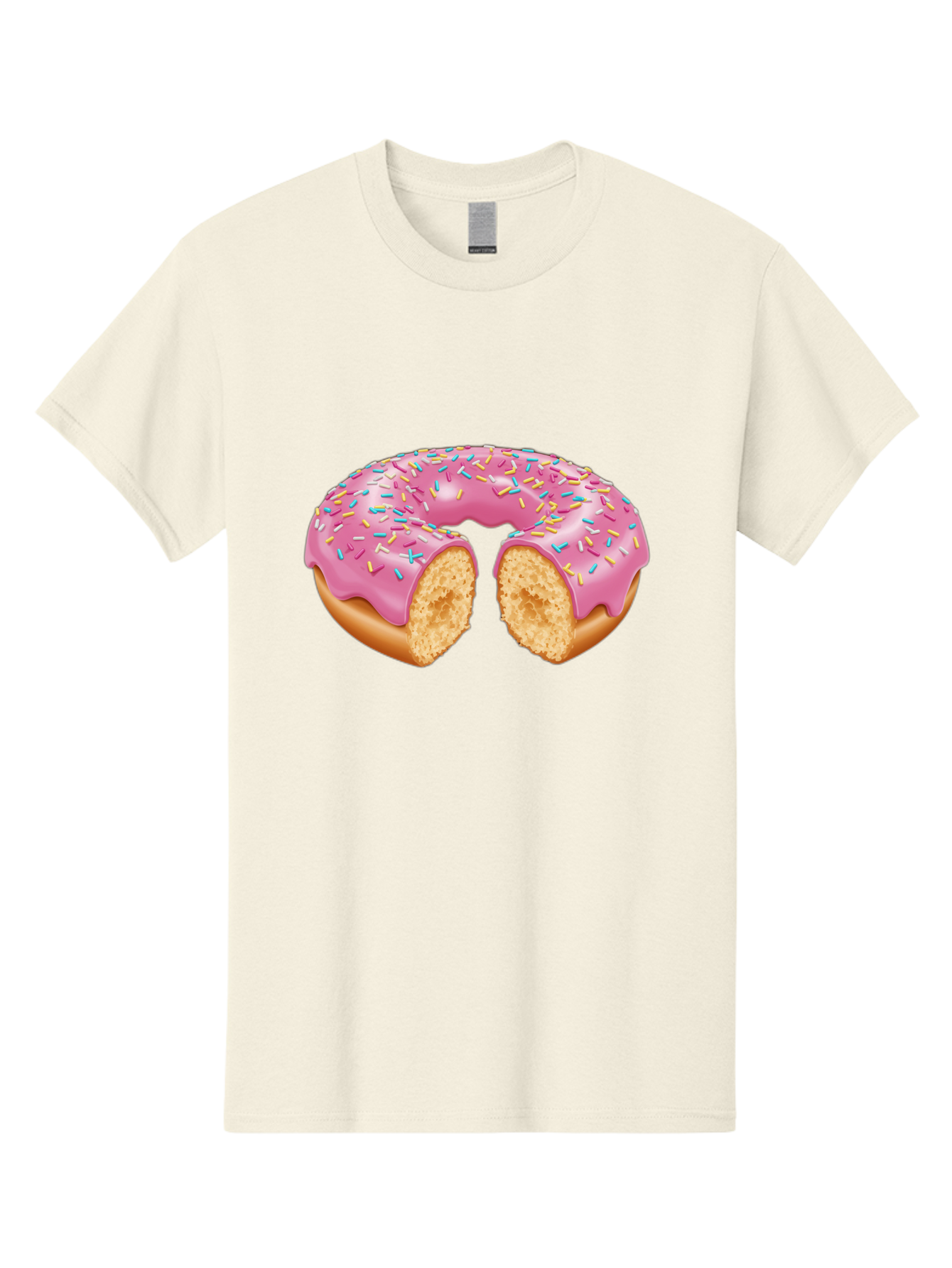 Donut-With-Pink-Frosting-And-Sprinkles-Cut-In-Half Men'S Graphic Tee, 100% Cotton, Comfortable Casual Summer Wear, Machine Washable, Pink Frosted Donut, Donut With Sprinkles, Bitten Donut, Sweet Treats, Dessert, Baked Goods, Tasty Donut, Baa515