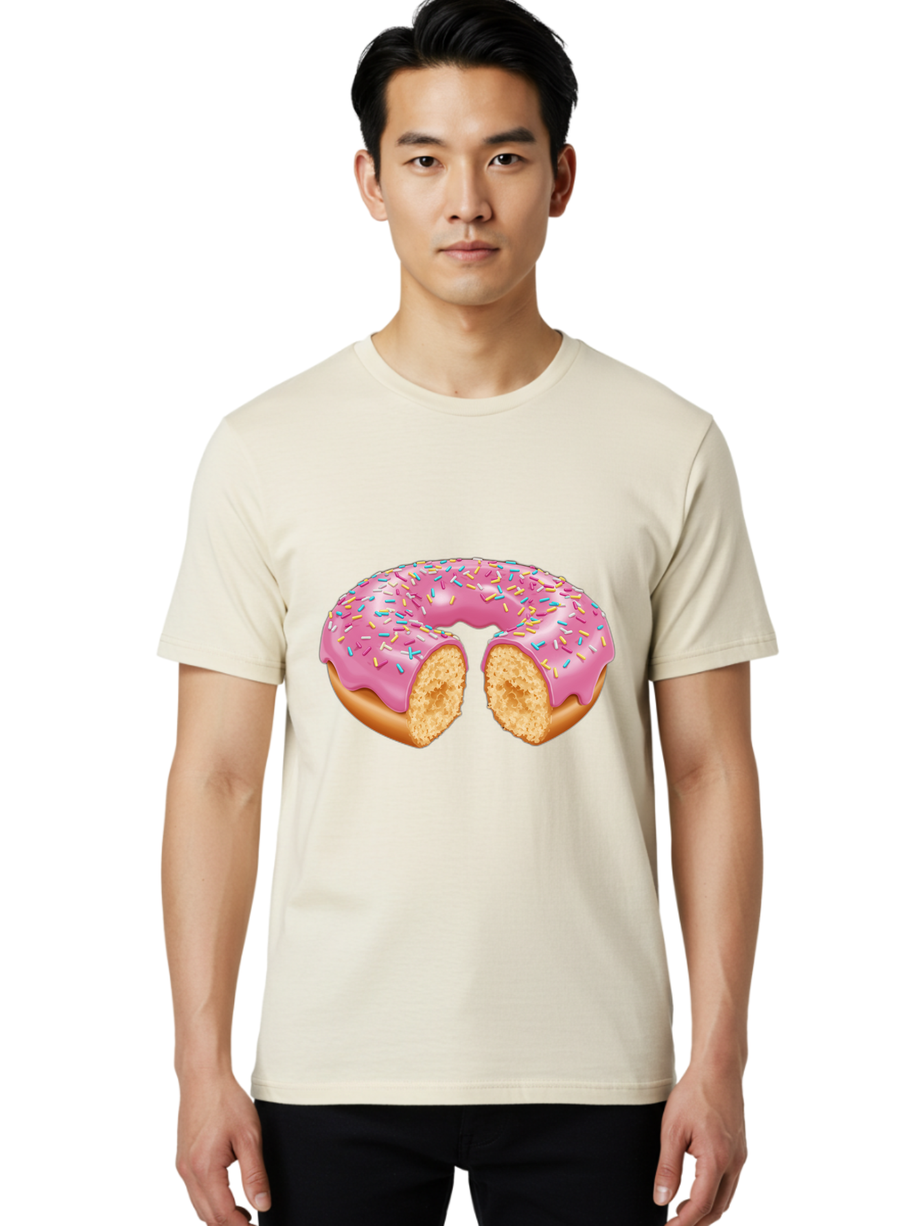 Donut-With-Pink-Frosting-And-Sprinkles-Cut-In-Half Men'S Graphic Tee, 100% Cotton, Comfortable Casual Summer Wear, Machine Washable, Pink Frosted Donut, Donut With Sprinkles, Bitten Donut, Sweet Treats, Dessert, Baked Goods, Tasty Donut, Baa515