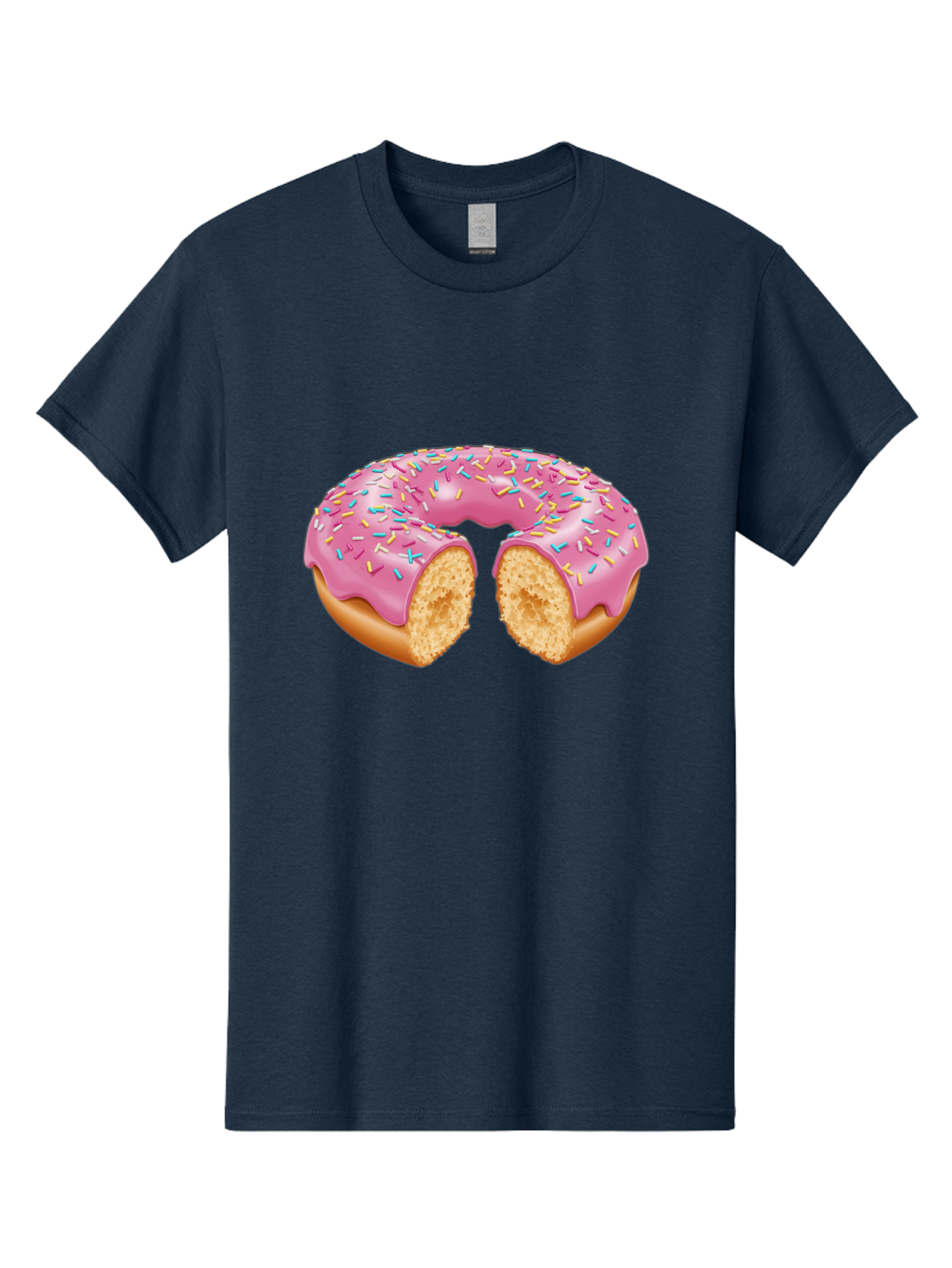Donut-With-Pink-Frosting-And-Sprinkles-Cut-In-Half Men'S Graphic Tee, 100% Cotton, Comfortable Casual Summer Wear, Machine Washable, Pink Frosted Donut, Donut With Sprinkles, Bitten Donut, Sweet Treats, Dessert, Baked Goods, Tasty Donut, Baa515