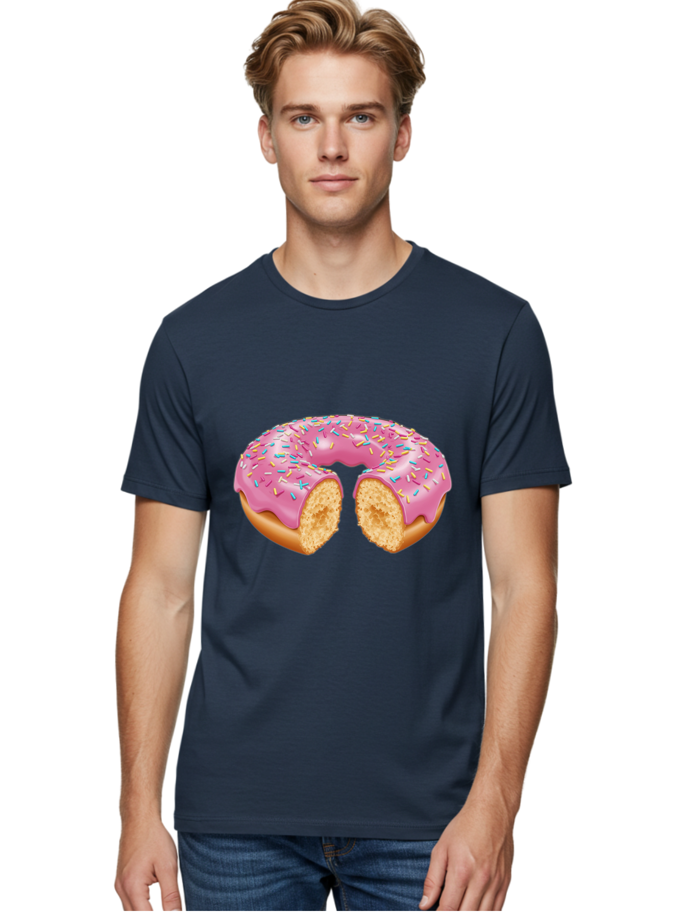 Donut-With-Pink-Frosting-And-Sprinkles-Cut-In-Half Men'S Graphic Tee, 100% Cotton, Comfortable Casual Summer Wear, Machine Washable, Pink Frosted Donut, Donut With Sprinkles, Bitten Donut, Sweet Treats, Dessert, Baked Goods, Tasty Donut, Baa515
