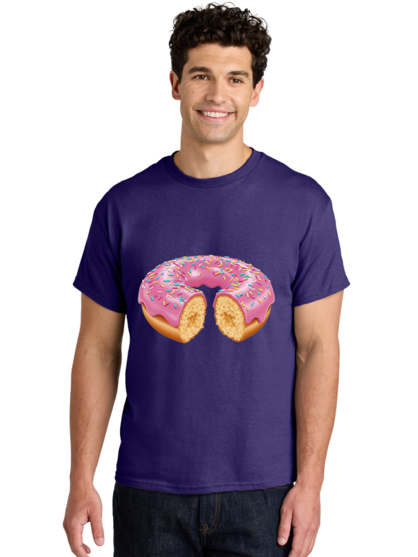 Donut-With-Pink-Frosting-And-Sprinkles-Cut-In-Half Men'S Graphic Tee, 100% Cotton, Comfortable Casual Summer Wear, Machine Washable, Pink Frosted Donut, Donut With Sprinkles, Bitten Donut, Sweet Treats, Dessert, Baked Goods, Tasty Donut, Baa515