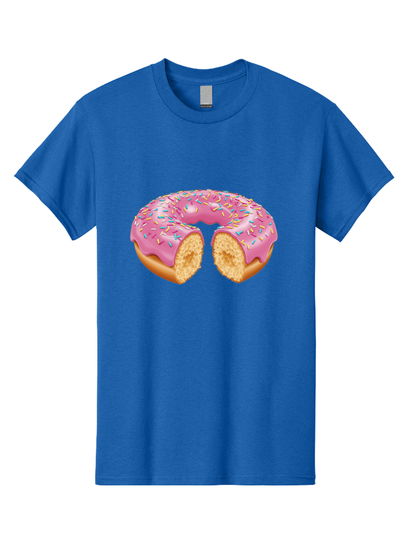 Donut-With-Pink-Frosting-And-Sprinkles-Cut-In-Half Men'S Graphic Tee, 100% Cotton, Comfortable Casual Summer Wear, Machine Washable, Pink Frosted Donut, Donut With Sprinkles, Bitten Donut, Sweet Treats, Dessert, Baked Goods, Tasty Donut, Baa515