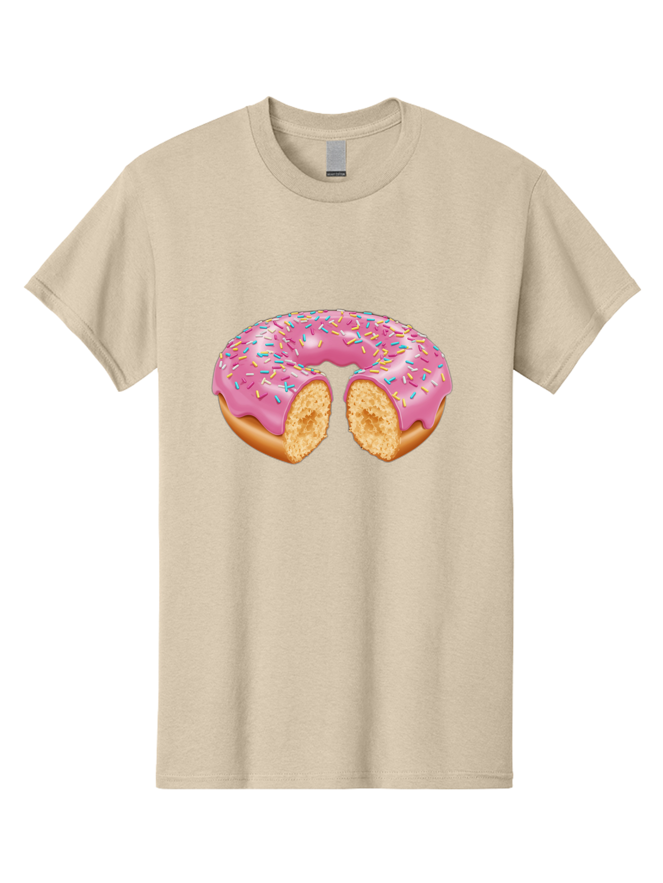 Donut-With-Pink-Frosting-And-Sprinkles-Cut-In-Half Men'S Graphic Tee, 100% Cotton, Comfortable Casual Summer Wear, Machine Washable, Pink Frosted Donut, Donut With Sprinkles, Bitten Donut, Sweet Treats, Dessert, Baked Goods, Tasty Donut, Baa515