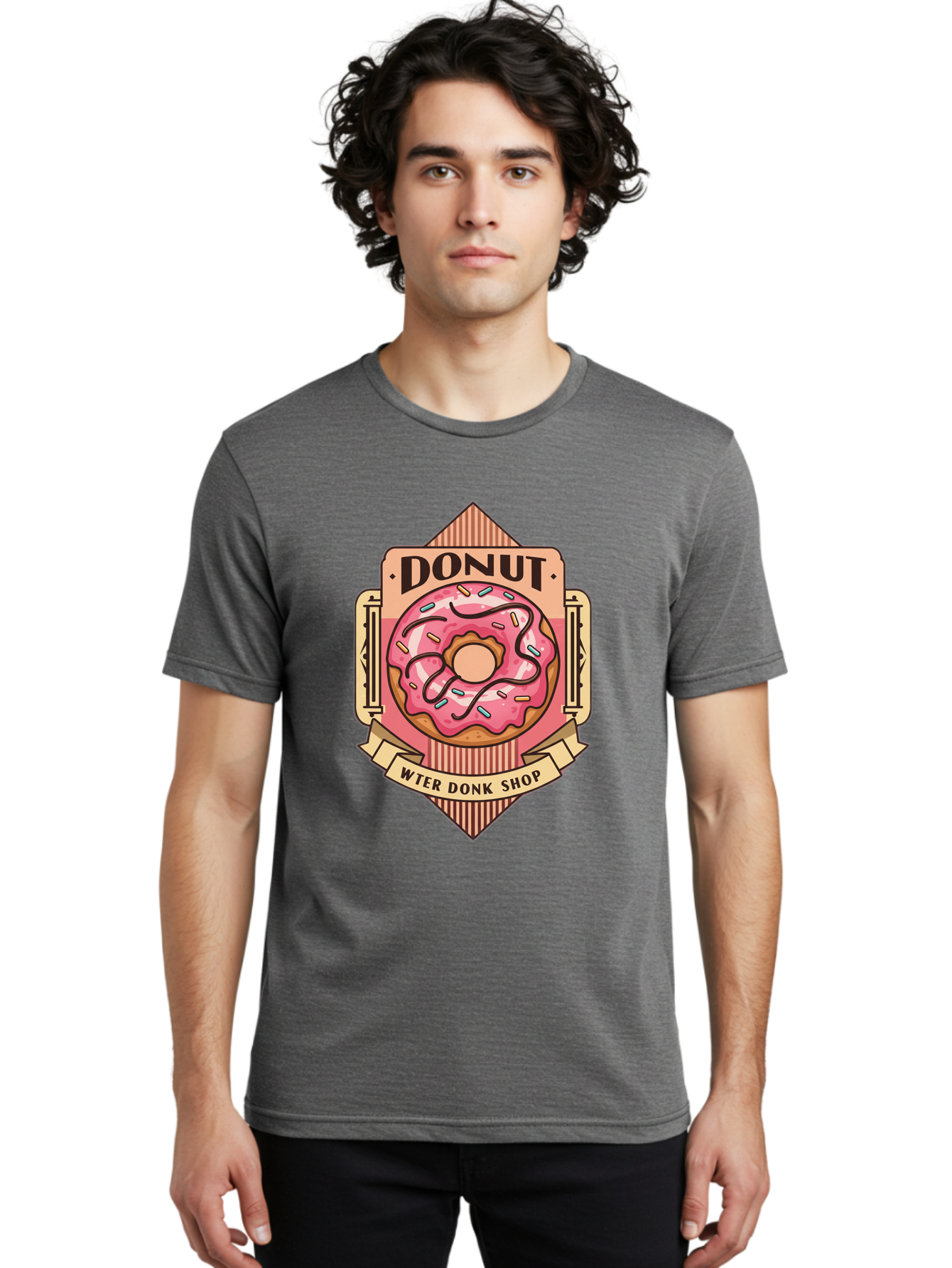 Donut-Wter-Donk-Shop Men'S Graphic Tee, 100% Cotton, Comfortable Casual Summer Wear, Machine Washable, Vintage Donut Illustration, Retro Donut Shop Signage, Sweet Treats, Dessert Lovers, Tasty Donuts, Donut Shop Branding, Classic Donut Design, Baa517