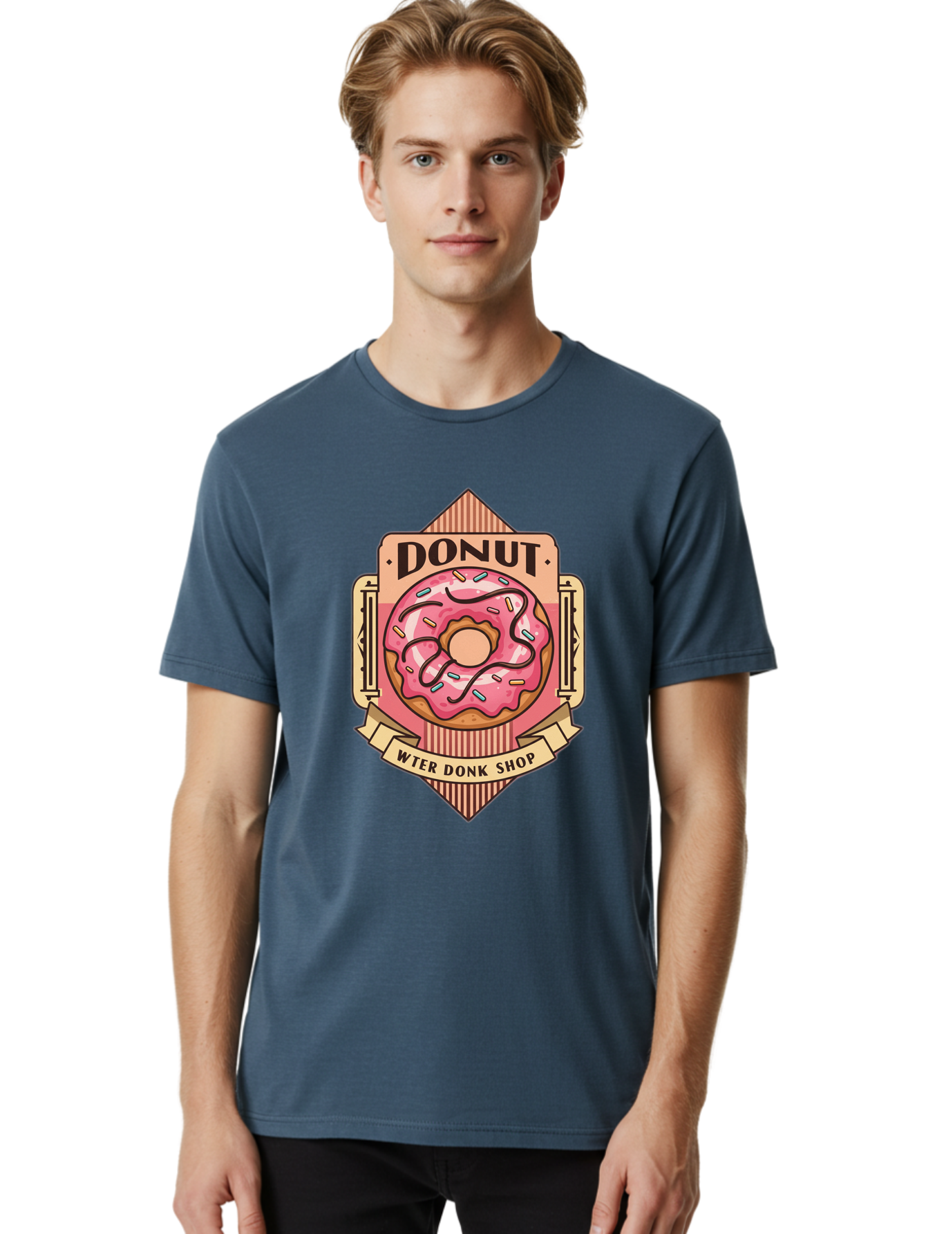 Donut-Wter-Donk-Shop Men'S Graphic Tee, 100% Cotton, Comfortable Casual Summer Wear, Machine Washable, Vintage Donut Illustration, Retro Donut Shop Signage, Sweet Treats, Dessert Lovers, Tasty Donuts, Donut Shop Branding, Classic Donut Design, Baa517