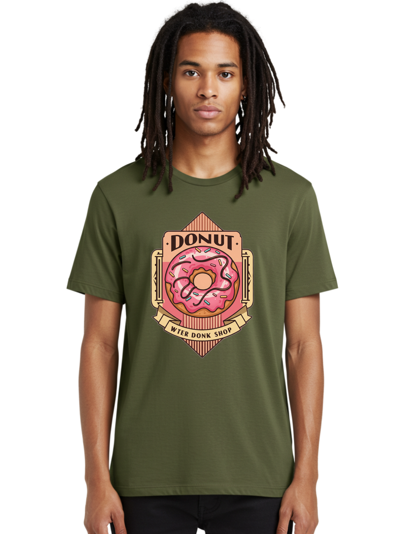 Donut-Wter-Donk-Shop Men'S Graphic Tee, 100% Cotton, Comfortable Casual Summer Wear, Machine Washable, Vintage Donut Illustration, Retro Donut Shop Signage, Sweet Treats, Dessert Lovers, Tasty Donuts, Donut Shop Branding, Classic Donut Design, Baa517