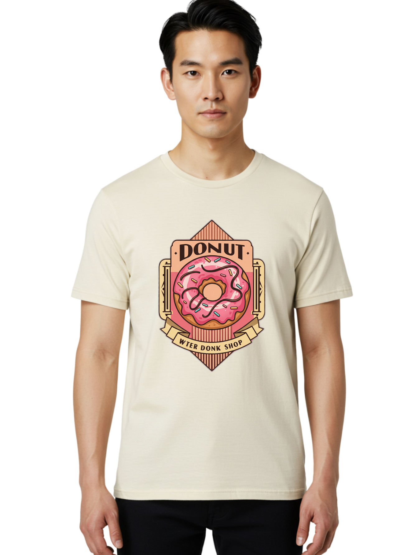 Donut-Wter-Donk-Shop Men'S Graphic Tee, 100% Cotton, Comfortable Casual Summer Wear, Machine Washable, Vintage Donut Illustration, Retro Donut Shop Signage, Sweet Treats, Dessert Lovers, Tasty Donuts, Donut Shop Branding, Classic Donut Design, Baa517
