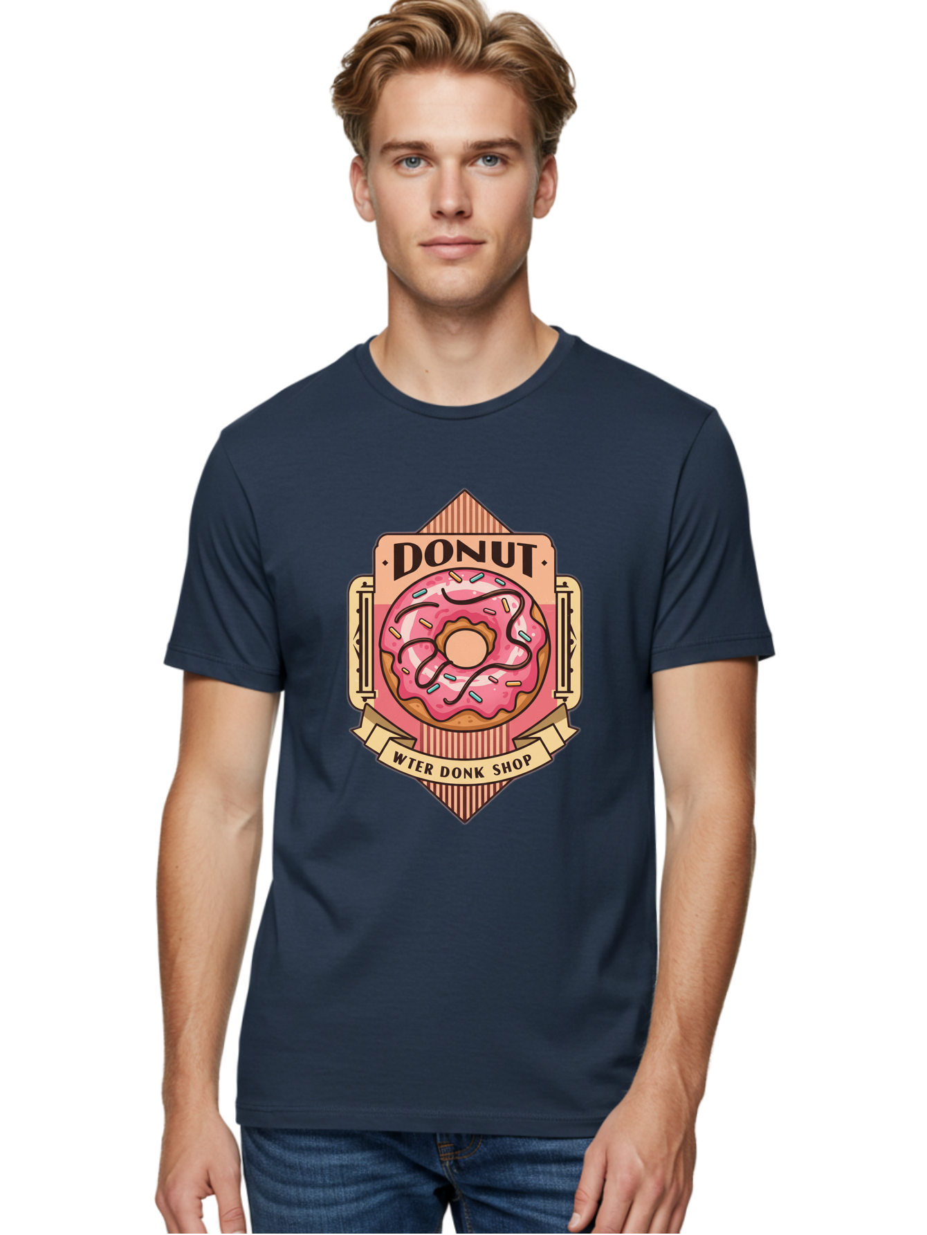 Donut-Wter-Donk-Shop Men'S Graphic Tee, 100% Cotton, Comfortable Casual Summer Wear, Machine Washable, Vintage Donut Illustration, Retro Donut Shop Signage, Sweet Treats, Dessert Lovers, Tasty Donuts, Donut Shop Branding, Classic Donut Design, Baa517