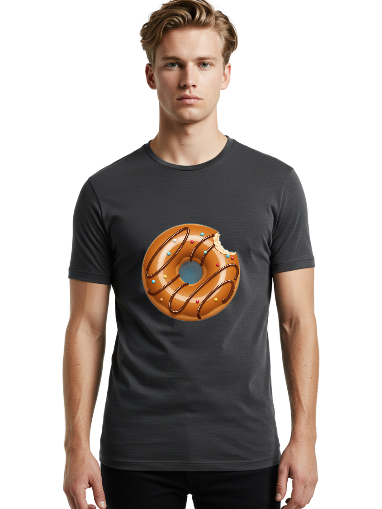 Donut Men'S Graphic Tee, 100% Cotton, Comfortable Casual Summer Wear, Machine Washable, Chocolate Donut, Donut With Glaze, Donut With Sprinkles, Chocolate Drizzle, Sweet Treat, Dessert, Tasty Pastry, Colorful Donut, Donut With Bite Taken, Baa518