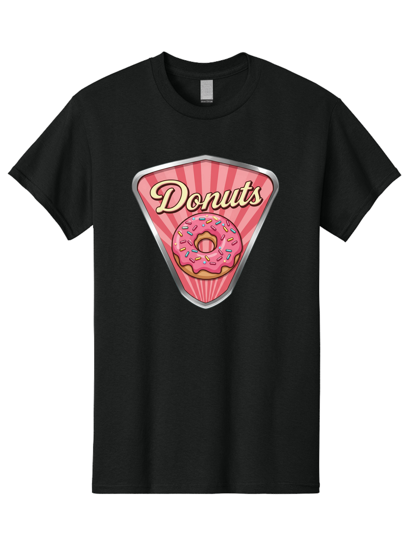 Donuts-1 Men'S Graphic Tee, 100% Cotton, Comfortable Casual Summer Wear, Machine Washable, Pink Frosted Donut, Colorful Sprinkles, Sweet Treats, Dessert Shop, Bakery Logo, Tasty Donuts, Donut Illustration, Pink Stripes, Silver Border, Baa519
