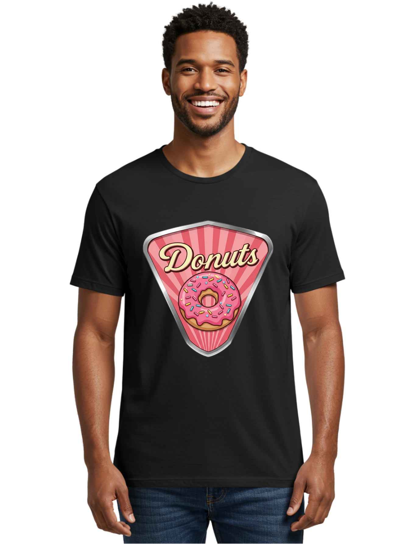 Donuts-1 Men'S Graphic Tee, 100% Cotton, Comfortable Casual Summer Wear, Machine Washable, Pink Frosted Donut, Colorful Sprinkles, Sweet Treats, Dessert Shop, Bakery Logo, Tasty Donuts, Donut Illustration, Pink Stripes, Silver Border, Baa519