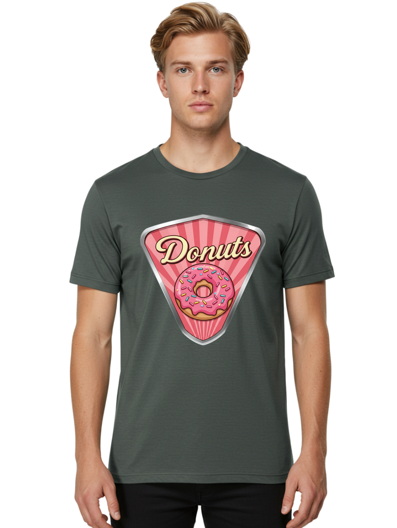 Donuts-1 Men'S Graphic Tee, 100% Cotton, Comfortable Casual Summer Wear, Machine Washable, Pink Frosted Donut, Colorful Sprinkles, Sweet Treats, Dessert Shop, Bakery Logo, Tasty Donuts, Donut Illustration, Pink Stripes, Silver Border, Baa519