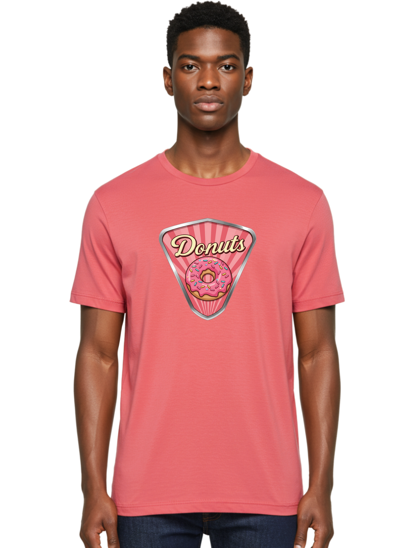 Donuts-1 Men'S Graphic Tee, 100% Cotton, Comfortable Casual Summer Wear, Machine Washable, Pink Frosted Donut, Colorful Sprinkles, Sweet Treats, Dessert Shop, Bakery Logo, Tasty Donuts, Donut Illustration, Pink Stripes, Silver Border, Baa519