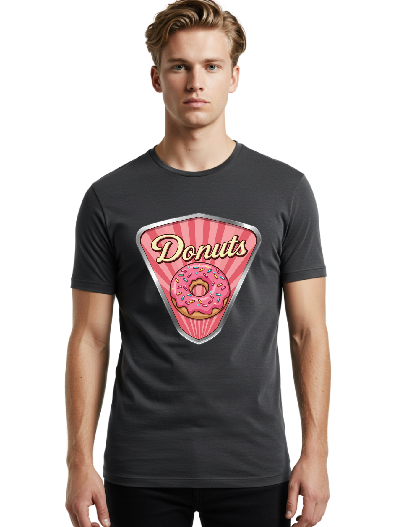 Donuts-1 Men'S Graphic Tee, 100% Cotton, Comfortable Casual Summer Wear, Machine Washable, Pink Frosted Donut, Colorful Sprinkles, Sweet Treats, Dessert Shop, Bakery Logo, Tasty Donuts, Donut Illustration, Pink Stripes, Silver Border, Baa519